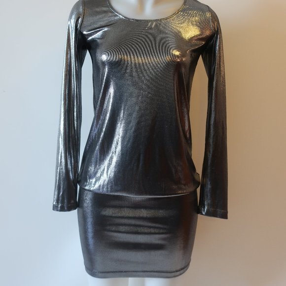 Womens RN CONVERTIBLE Pewter Metallic Long Sleeve Bodycon Mini Dress P US/XS * - Picture 6 of 13